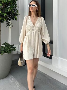 ZARA Cream Linen Blend Crochet Babydoll Romper Puff Sleeve Boho Size S